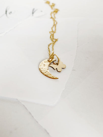 crescent moon and butterfly charms necklace lore - andJules Jewelry