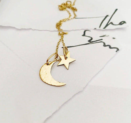 gold moon and star charms necklace andJules refined jewelry for free spirited romantics